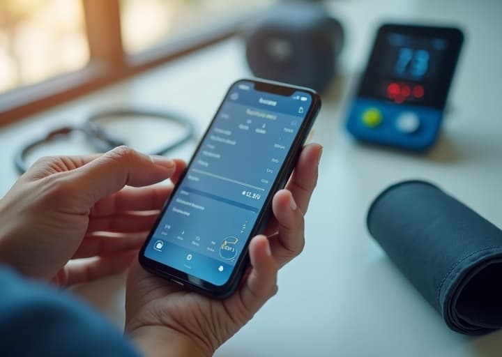 Logging a health reading in the app beside a blood pressure monitor